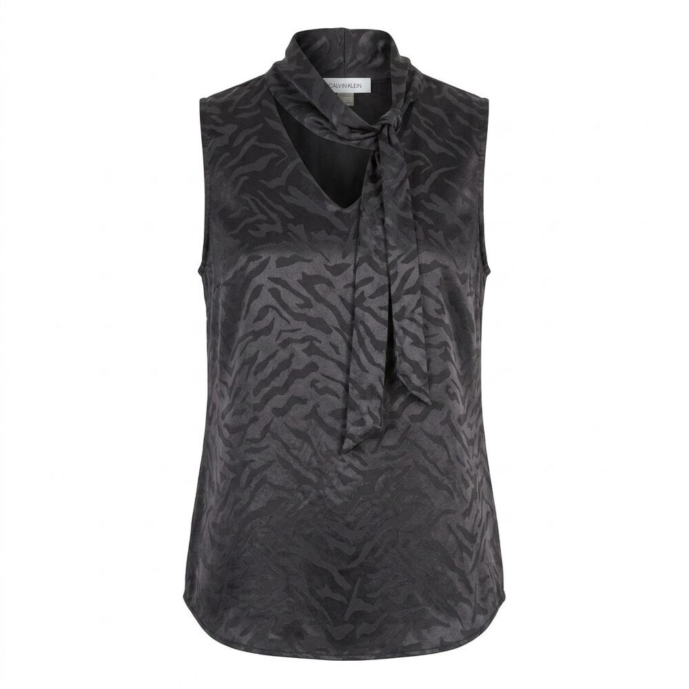 Calvin Klein Black Zebra Print Cowl Tie Neck Sleeveless Blouse Women Size M